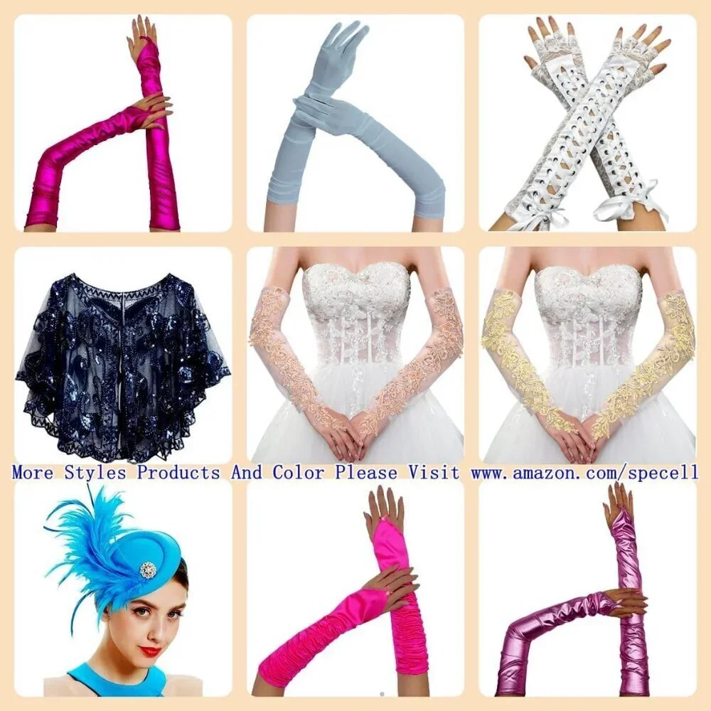 Women's A-Red Sequins Beads Fingerless Satin Gloves Party Prom Accessories